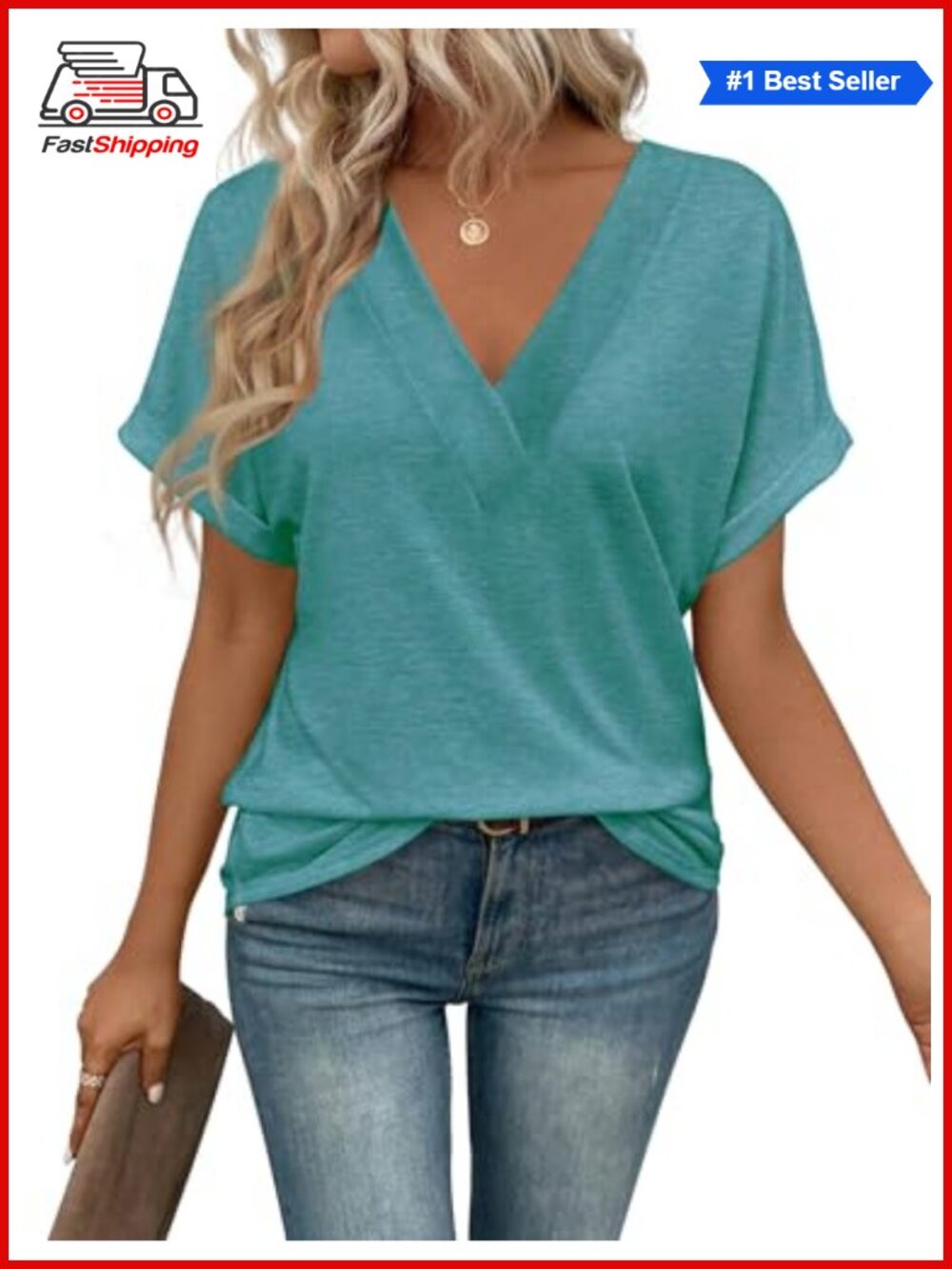 Womens V Neck Short Sleeve T Shirt Loose Fit Casual Summer Tee